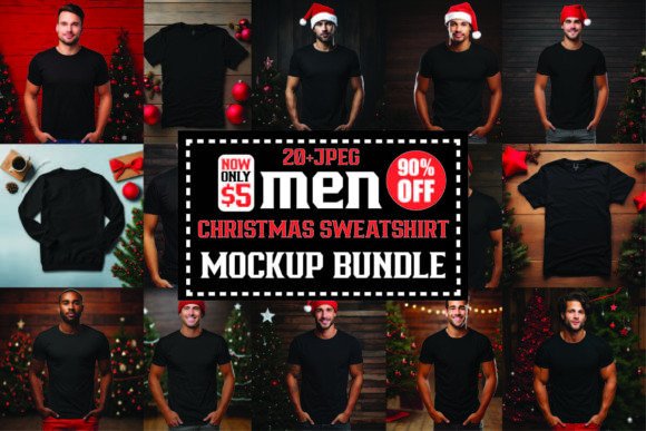 Christmas Men Sweatshirt Mockups Bundle: T-Shirts Graphics