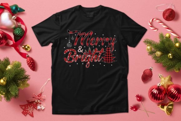 Merry and Bright Christmas Plaid Graphics for T-Shirt Designs